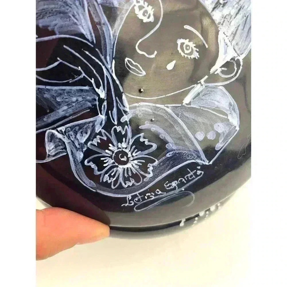 VTG Ceramic Trinket Box Round Lid Unknown Artist 5" Wide Dark Blue Hand Painted - Picture 12 of 13